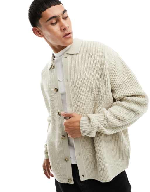 ASOS DESIGN knitted relaxed fisherman rib button through polo in beige