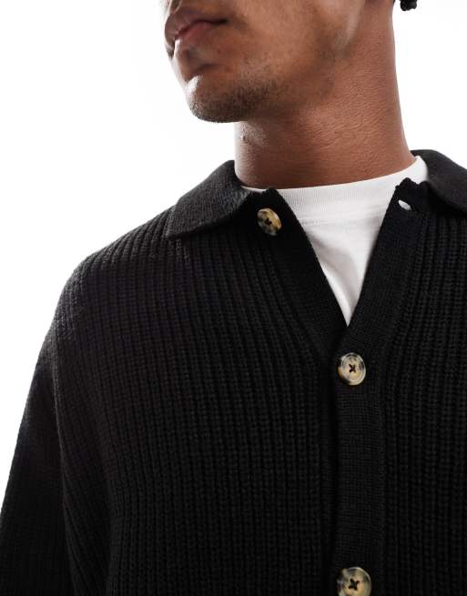 ASOS DESIGN knitted relaxed fisherman rib button through polo in black