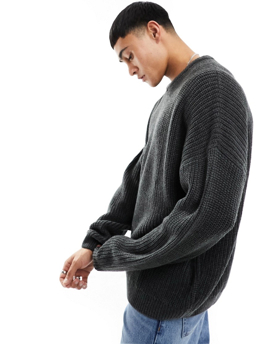 ASOS DESIGN knitted relaxed fisherman rib jumper in charcoal-Grey