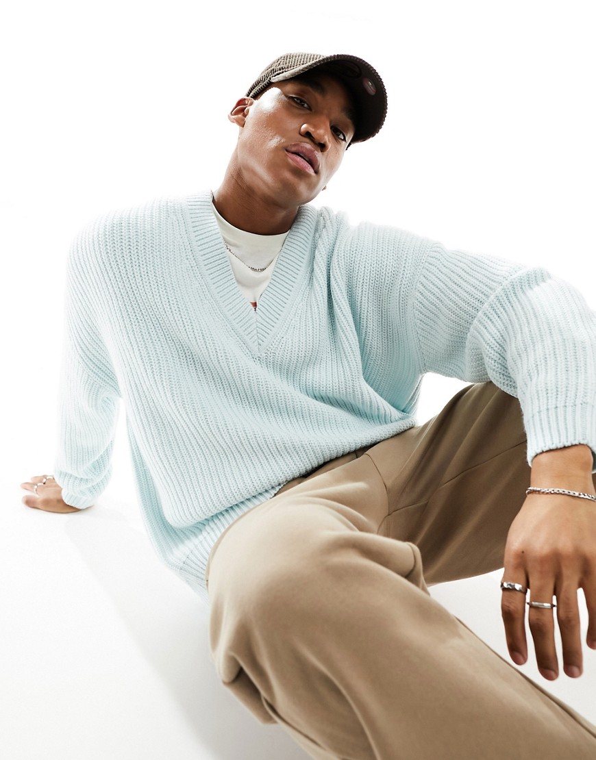 ASOS DESIGN knitted relaxed fisherman rib jumper with v neck in blue
