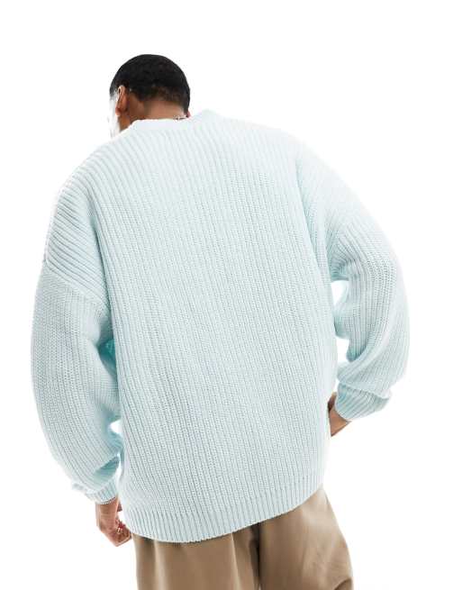 ASOS DESIGN knitted relaxed fisherman rib jumper with v neck in blue, 2 of 7