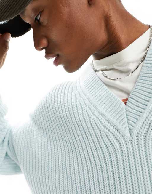 ASOS DESIGN knitted relaxed fisherman rib jumper with v neck in blue, 3 of 7