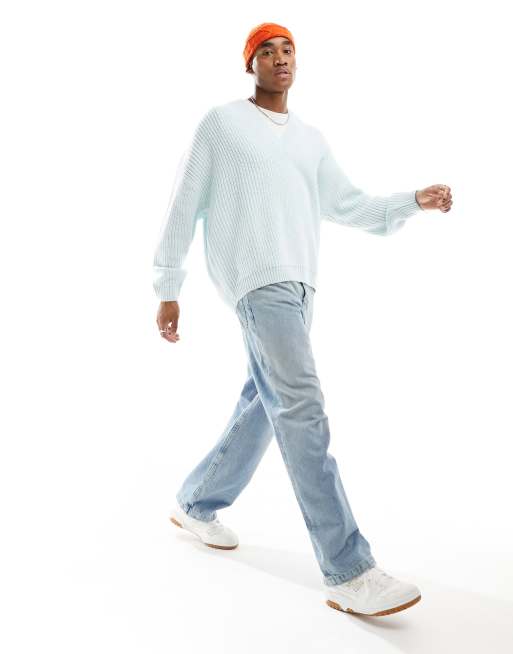 ASOS DESIGN knitted relaxed fisherman rib jumper with v neck in blue, 5 of 7
