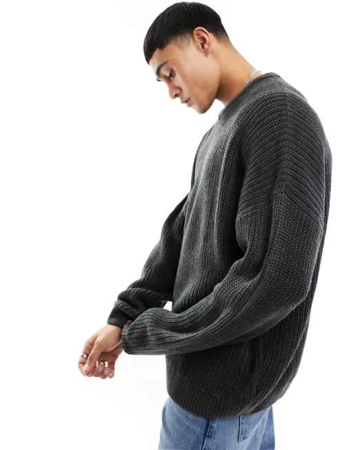 ASOS DESIGN knitted relaxed fisherman rib sweater in charcoal