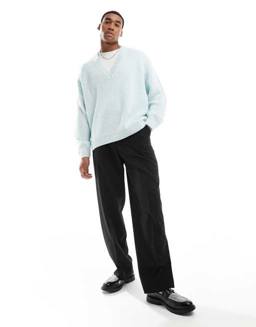 ASOS DESIGN knitted relaxed fisherman rib sweater with V-neck in blue, 7 of 7