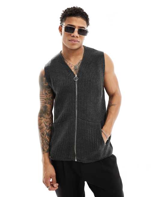  ASOS DESIGN knitted relaxed fisherman rib tank with zip in charcoal