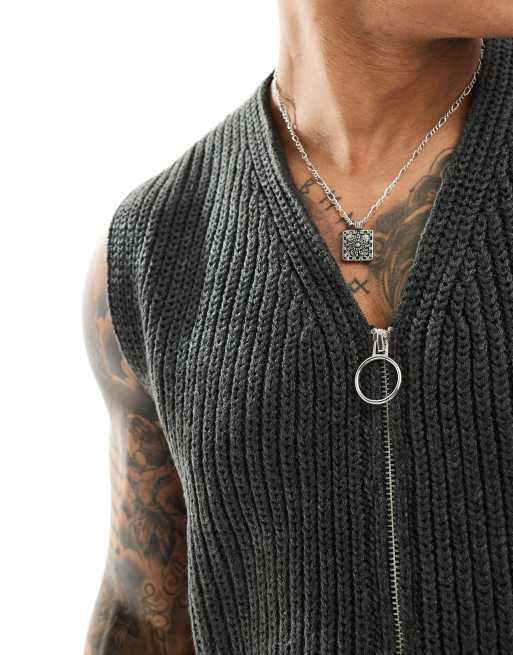 ASOS DESIGN knitted relaxed fisherman rib tank with zip in charcoal, 2 of 4