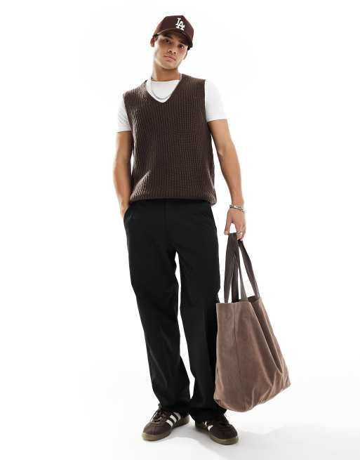 ASOS DESIGN knitted relaxed fisherman rib v-neck tank top in brown