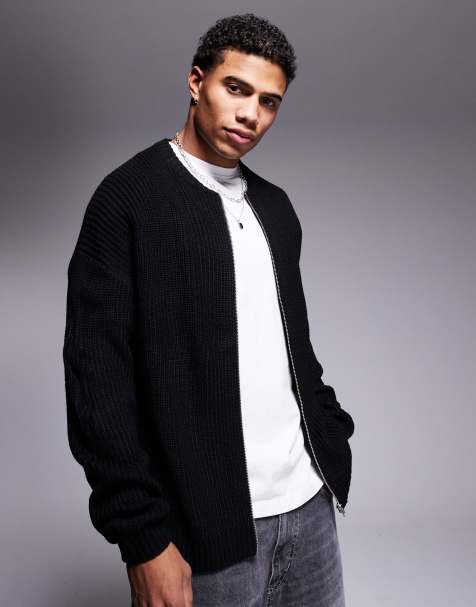 ASOS DESIGN knitted relaxed fisherman rib zip up bomber cardigan in black - view 1