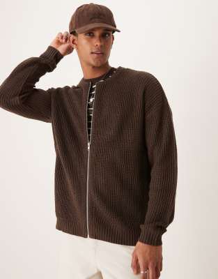 ASOS DESIGN ASOS DESIGN knitted relaxed fisherman rib zip up bomber in brown