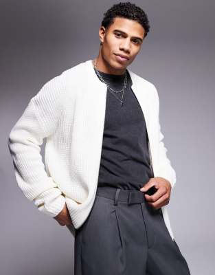 ASOS DESIGN knitted relaxed fisherman rib zip up bomber in cream-Neutral