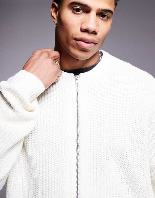ASOS DESIGN knitted relaxed fisherman rib zip up bomber in cream, 2 of 4