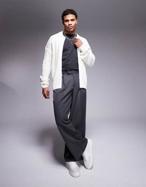 ASOS DESIGN knitted relaxed fisherman rib zip up bomber in cream, 4 of 4