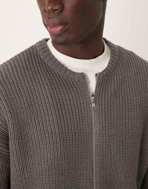 ASOS DESIGN knitted relaxed fisherman rib zip up bomber in grey marl, 4 of 4
