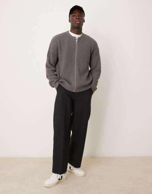 ASOS DESIGN knitted relaxed fisherman rib zip up bomber jacket in grey marl, 2 of 4