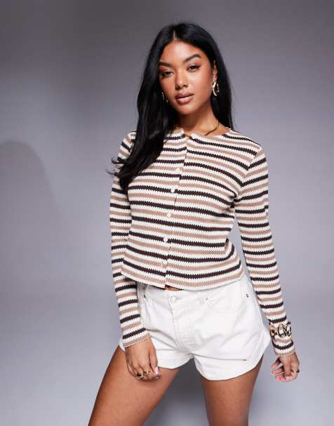 ASOS DESIGN knitted relaxed fit cardigan in brown stripe - view 1