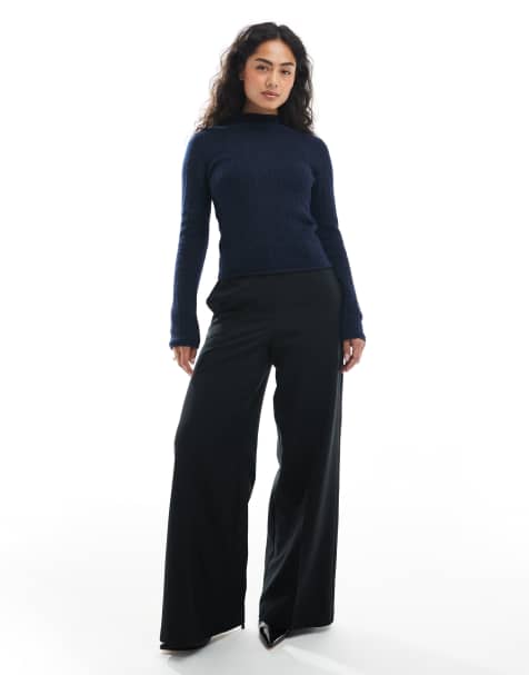 ASOS DESIGN knitted relaxed funnel neck top in rib in navy - view 1
