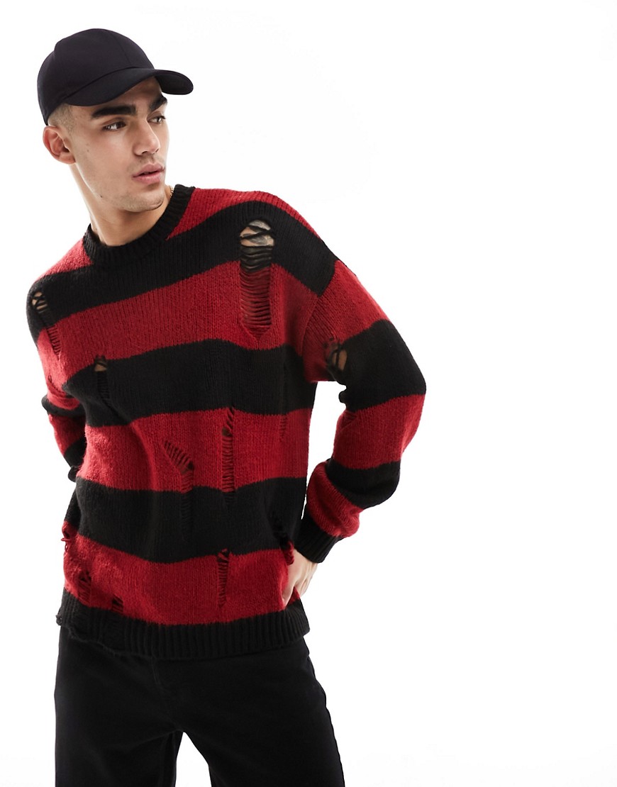 ASOS DESIGN knitted relaxed jumper in black and red stripe with distressing