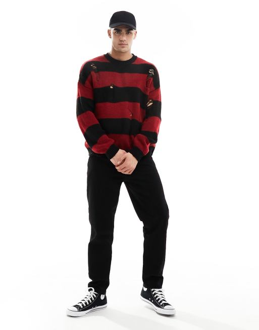 ASOS DESIGN knitted relaxed jumper in black and red stripe with distressing ASOS