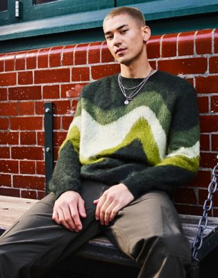 ASOS DESIGN knitted relaxed jumper in green wave design | ASOS