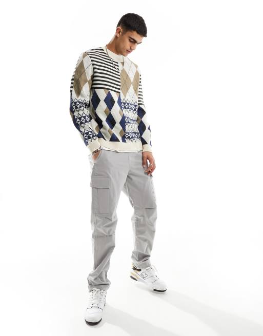 ASOS DESIGN knitted relaxed jumper in mixed jacquard in stone
