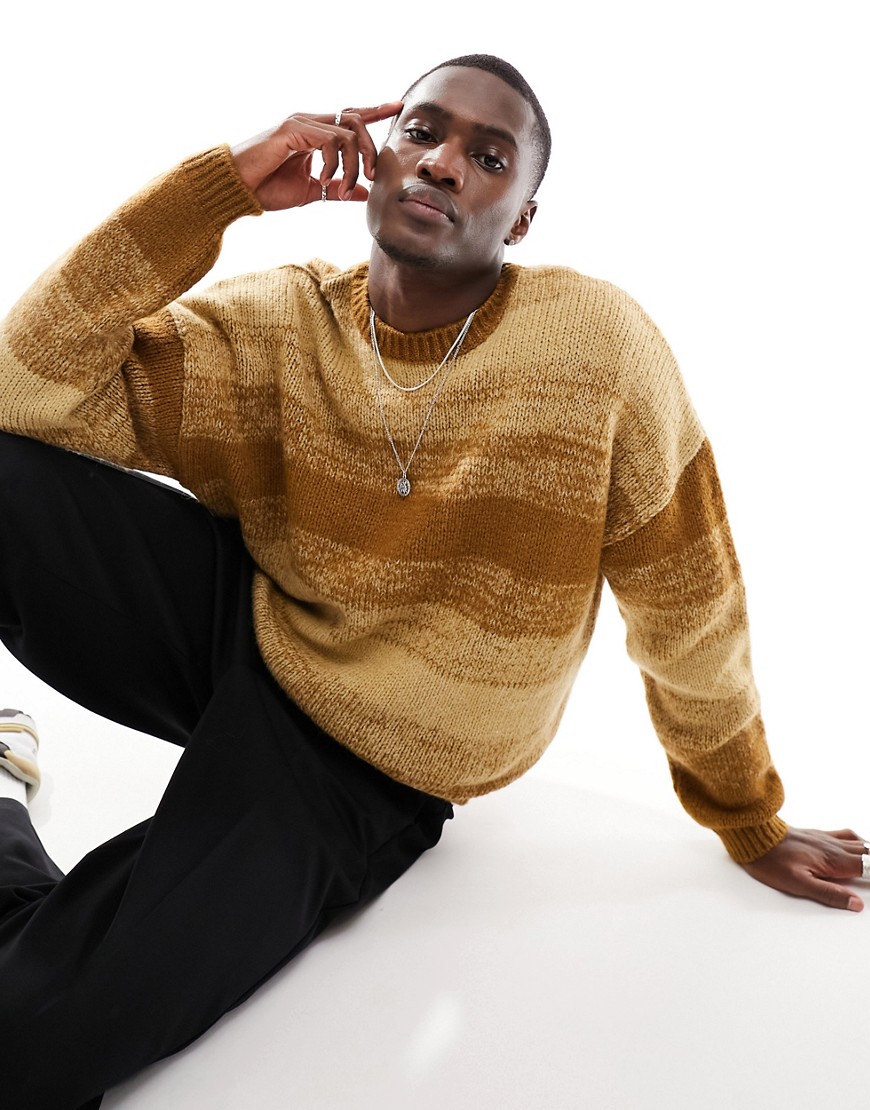 ASOS DESIGN knitted relaxed jumper in stone & brown ombre-Neutral