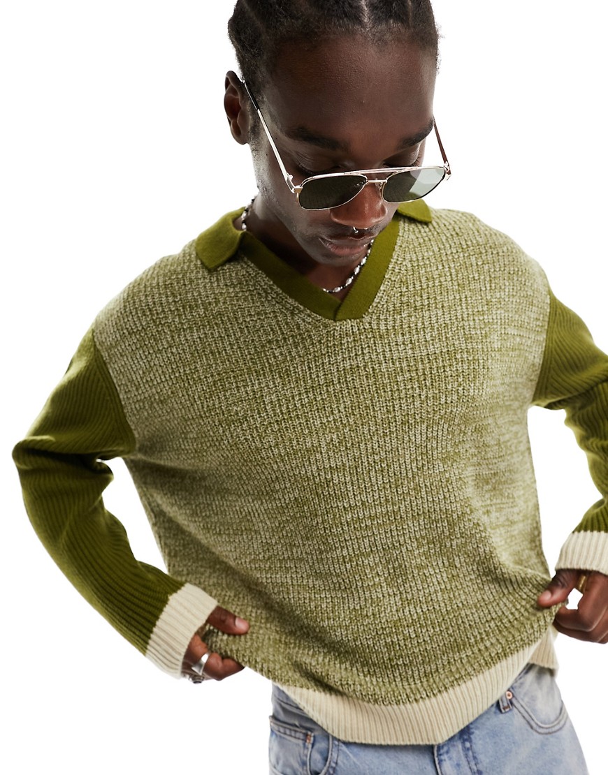 ASOS DESIGN knitted relaxed jumper with notch neck in green with texture
