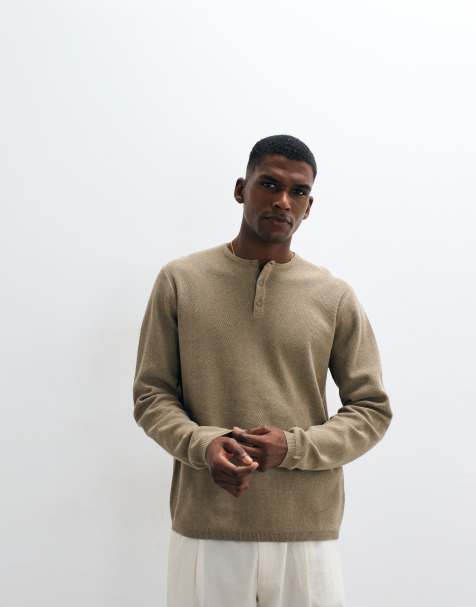 ASOS DESIGN knitted relaxed long sleeve henley in beige - view 1