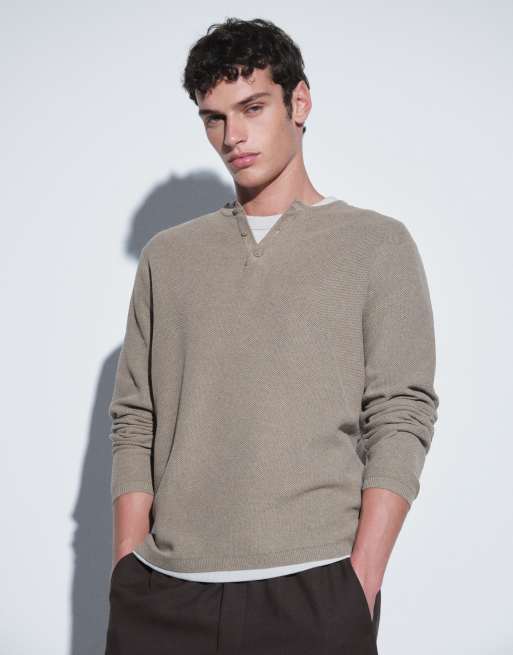 ASOS DESIGN knitted relaxed long sleeve henley in beige, 2 of 5