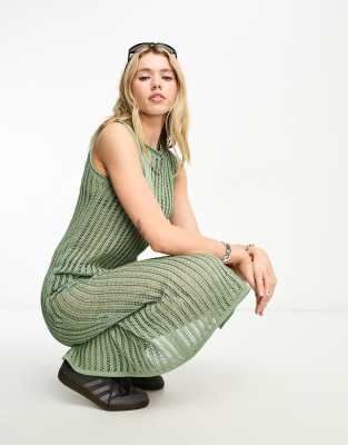 ASOS DESIGN ASOS DESIGN knitted relaxed midi dress in sheer rib in khaki-Green