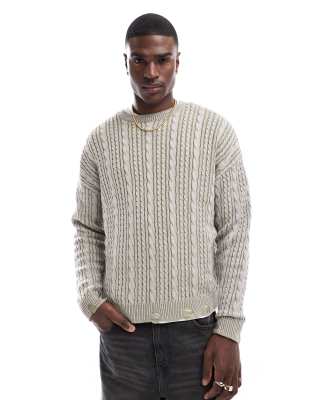 Asos Design Knitted Relaxed Plaited Cable Sweater In Gray And Khaki With Distressed Hem