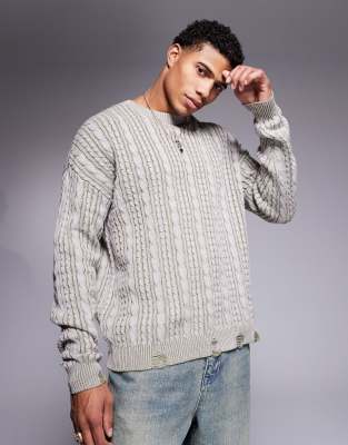 ASOS DESIGN ASOS DESIGN knitted relaxed plated cable jumper in grey and khaki with distressed hem