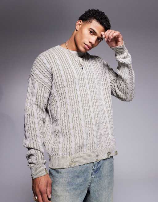 ASOS DESIGN knitted relaxed pleated cable jumper in grey and khaki with distressed hem