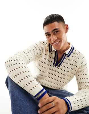 ASOS DESIGN ASOS DESIGN knitted relaxed polo jumper in cream crochet-White