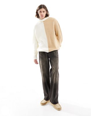 Asos Design Knitted Relaxed Roll Neck Sweater In Beige And Gray Splice-neutral