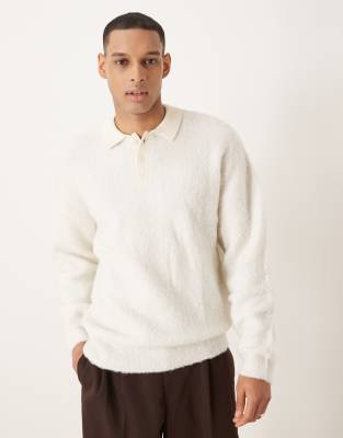 knitted relaxed rugby boucle polo in ecru-Neutral