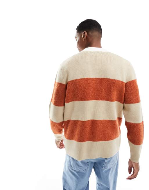 ASOS DESIGN knitted relaxed rugby striped boucle jumper in orange and white, 3 of 4