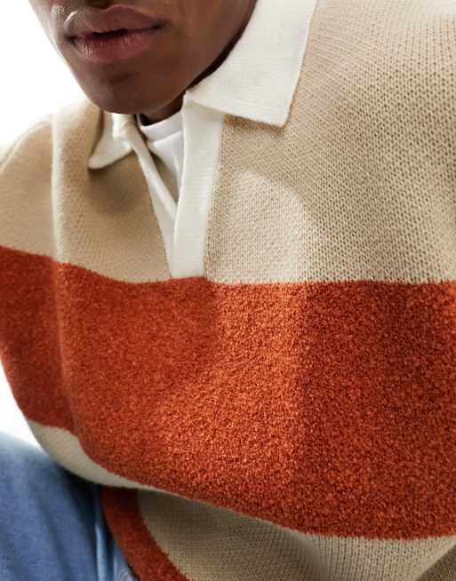 ASOS DESIGN knitted relaxed rugby striped boucle jumper in orange and white, 4 of 4