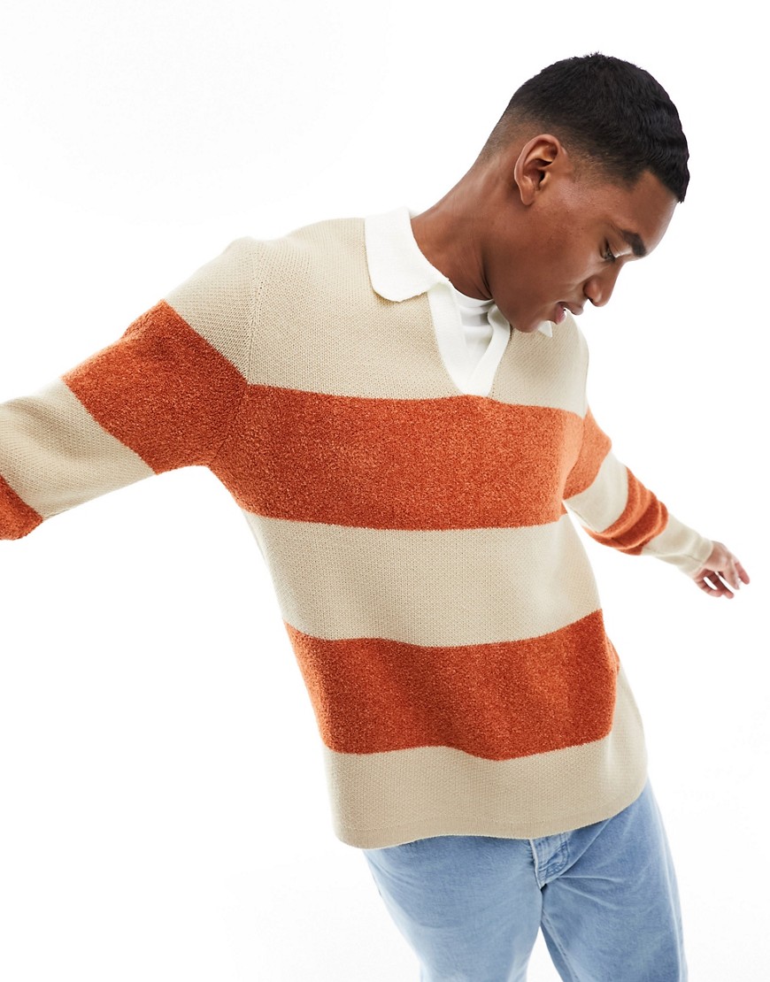 Asos Design Knitted Relaxed Rugby Striped Boucle Sweater In Orange And White
