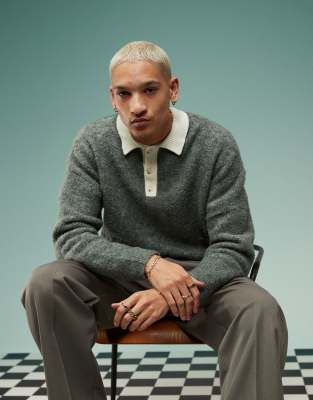 ASOS DESIGN ASOS DESIGN knitted relaxed rugby textured polo in charcoal - GREY