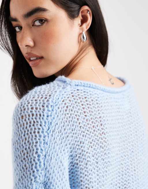 ASOS DESIGN knitted relaxed slash neck jumper with rolled edge detail in blue, 3 of 4