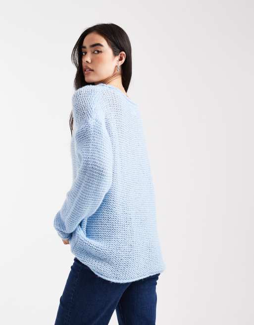 ASOS DESIGN knitted relaxed slash neck jumper with rolled edge detail in blue, 4 of 4