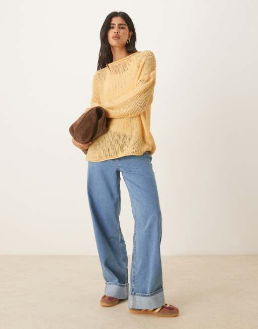 ASOS DESIGN knitted relaxed slash neck jumper with rolled edge detail in buttermilk, 2 of 4