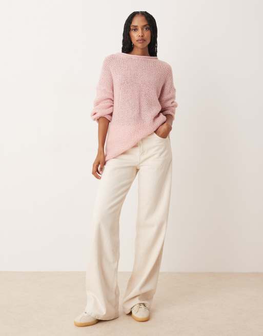 ASOS DESIGN knitted relaxed slash neck jumper with rolled edge detail in light pink, 2 of 4