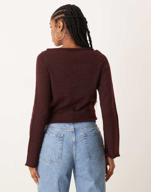 ASOS DESIGN knitted relaxed slash neck top in plum, 2 of 4