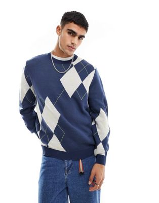 Asos Design Knitted Relaxed Sweater In Argyle Design In Navy