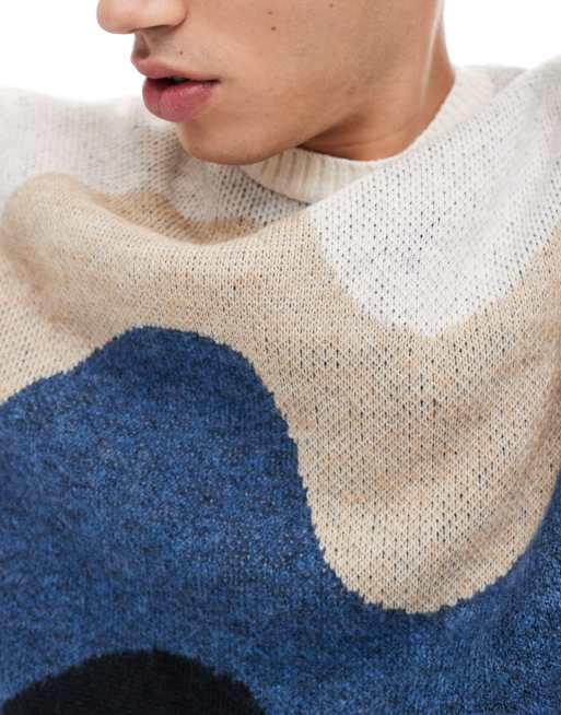 ASOS DESIGN knitted relaxed sweater with abstract design in white