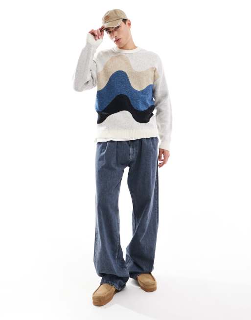 ASOS DESIGN knitted relaxed sweater with abstract design in white