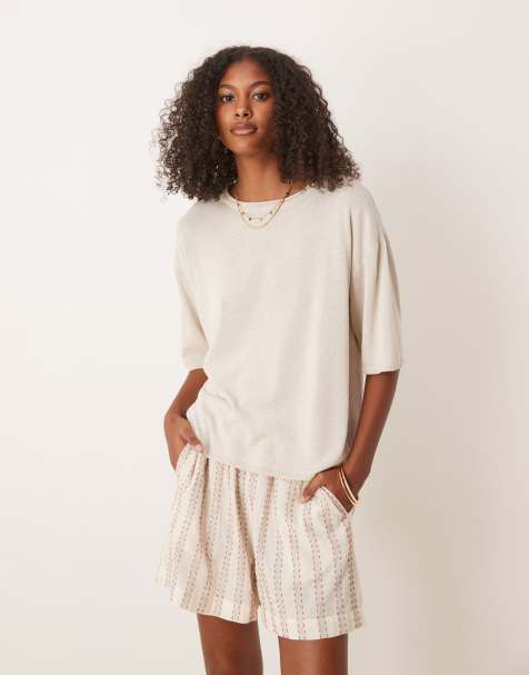 ASOS DESIGN knitted relaxed t-shirt in linen mix in stone - view 1