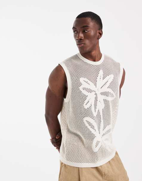 ASOS DESIGN knitted relaxed tank top in ecru with floral pattern - view 1